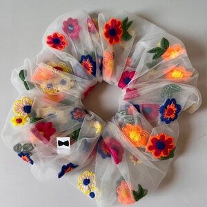 Handmade Oversized Floral Embroidered Tulle Scrunchie Statement Hair Accessory